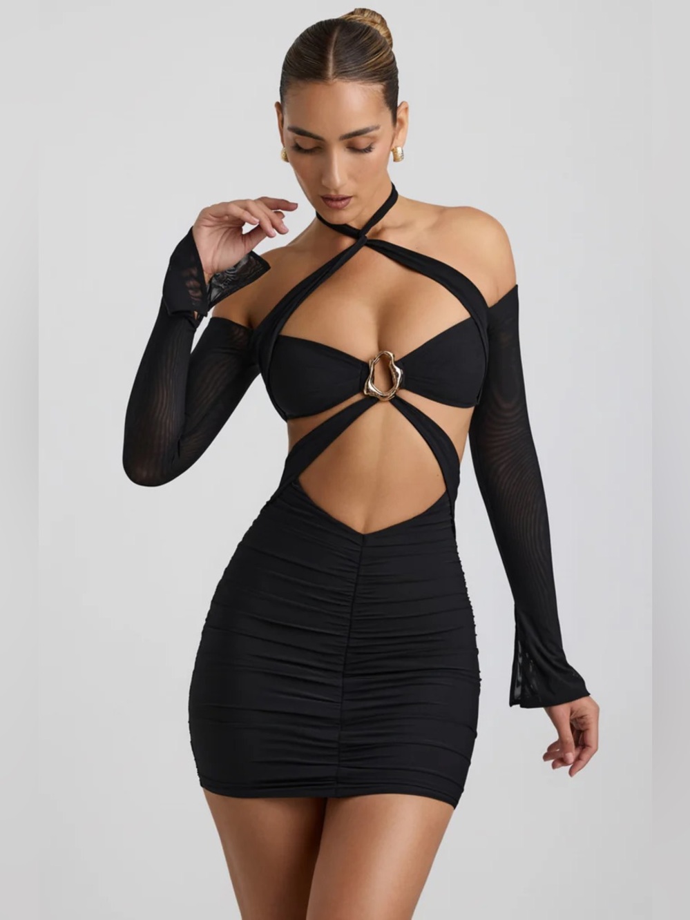 NEW Oh Polly Kemina Black Off Shoulder Cutout Gold Ring Detail Mesh Mini Dress